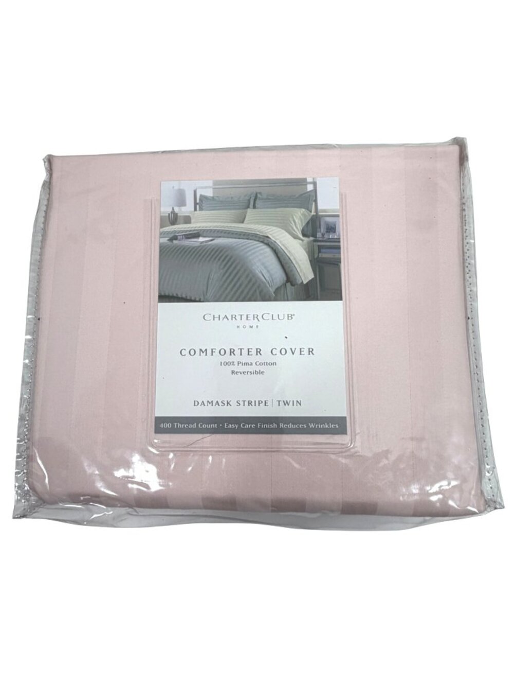 NWT $100 Charter Club Damask Stripe Reversible Comforter Cover Twin Blush Pink